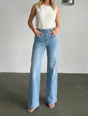 #97956 🛑 1,3,5,7,9 Light Blue High Rise Front Pocket Flare Jeans
